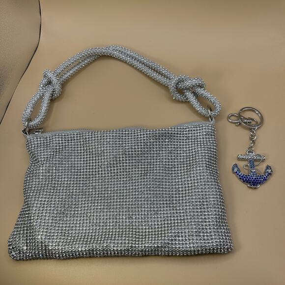 Set of Sparkly Silver Evening Bag / Nautical Anchor Keychain Sparkling Charm - Picture 1 of 9